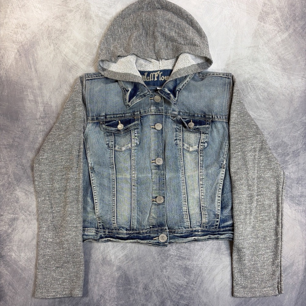 WallFlower Womens Large Denim Jacket Hoodie Gray Knit Sleeves Blue Jean Trucker